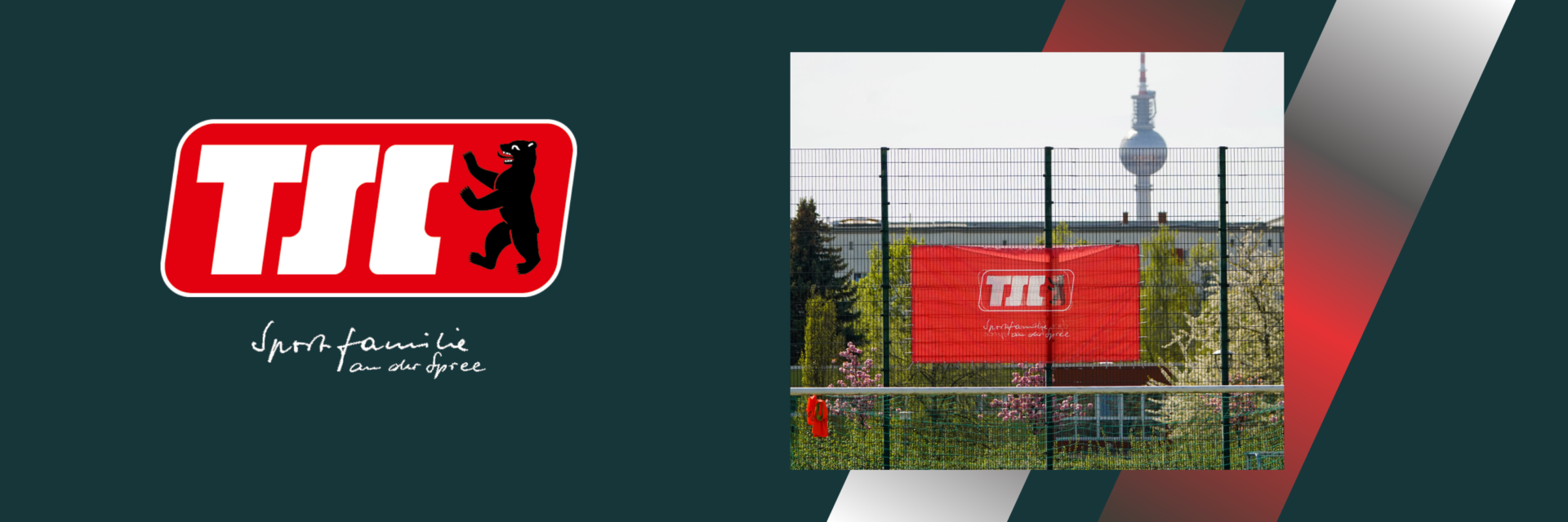 Grafik mit Berliner TSC Logo und einem Bild mit TSC-Banner und Berliner Fernsehturm im Hintergrund