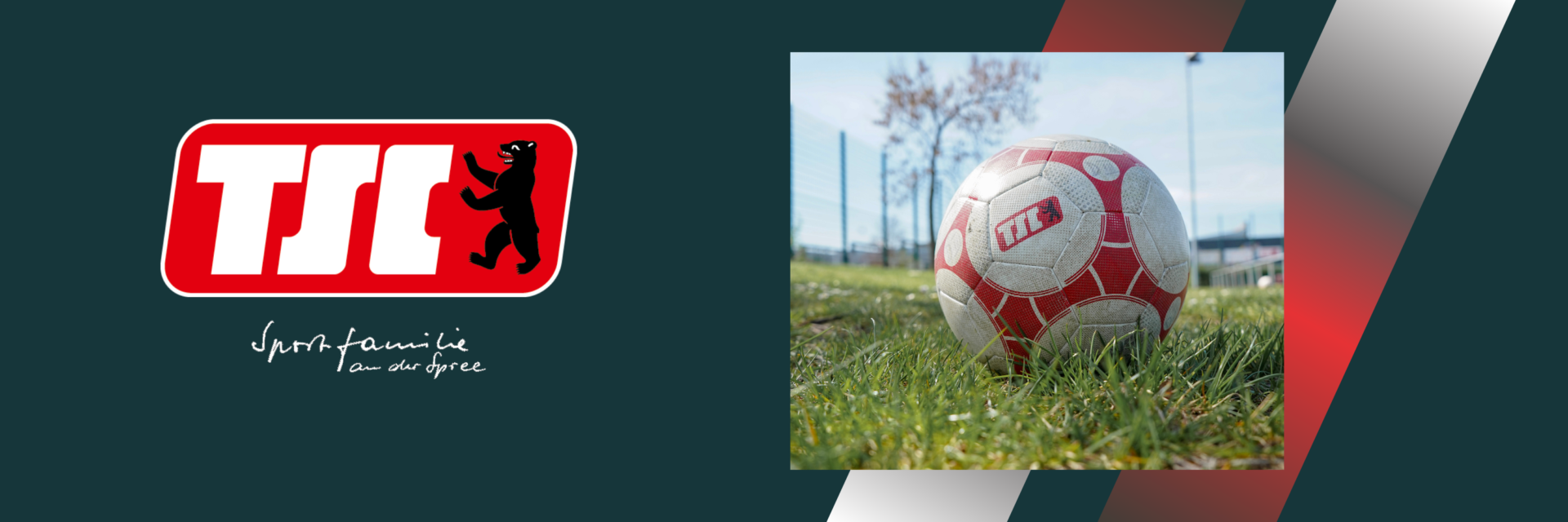 Grafik mit Berliner TSC Logo sowie Bild mit TSC-Fußball der auf dem Rasen liegt