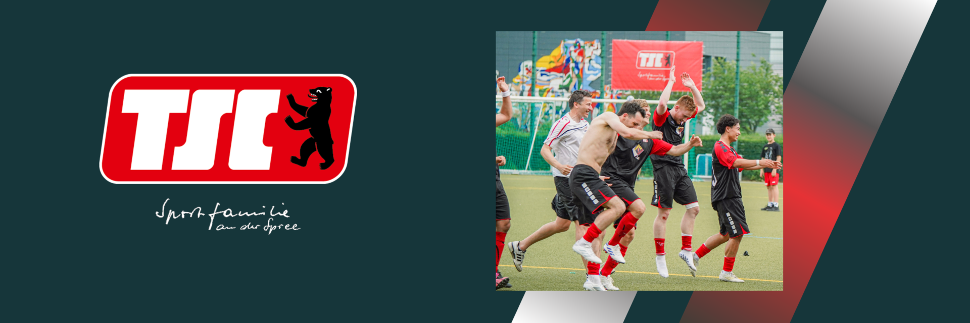 Grafik mit Berliner TSC Logo und Bild von Spielern der 1. Herren beim Jubel