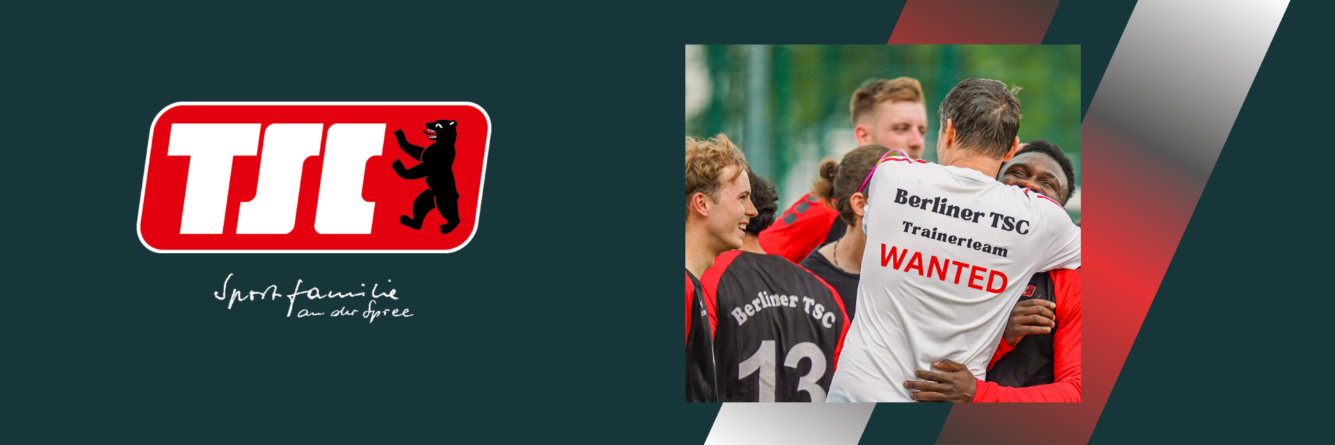 Grafik mit Berliner TSC Logo und Bild mit sich umarmenden Trainer und Spielern