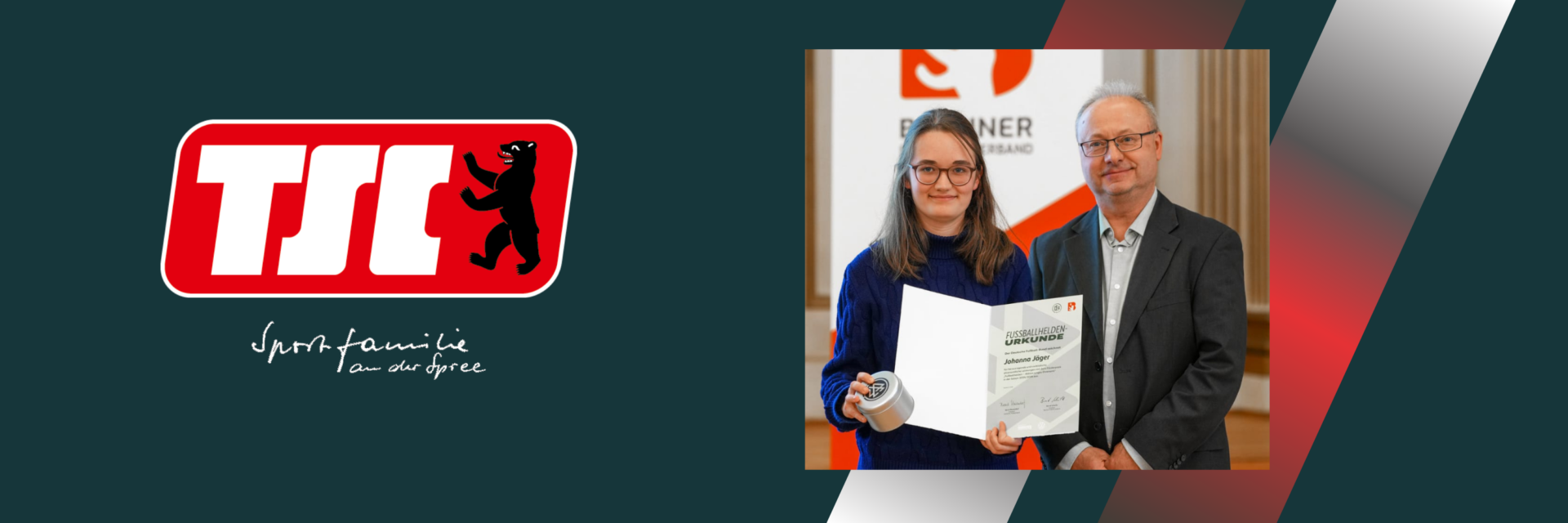Grafik mit Logo des Berliner TSC und einem Foto von TSC Trainerin Johanna Jäger und Ingo Büchner-Fenner vom BFV