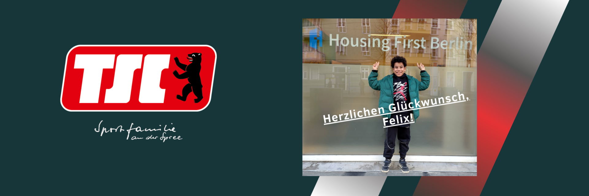 Grafik mit Logo des Berliner TSC und einem Foto von Felix vor dem Büro von Housing First